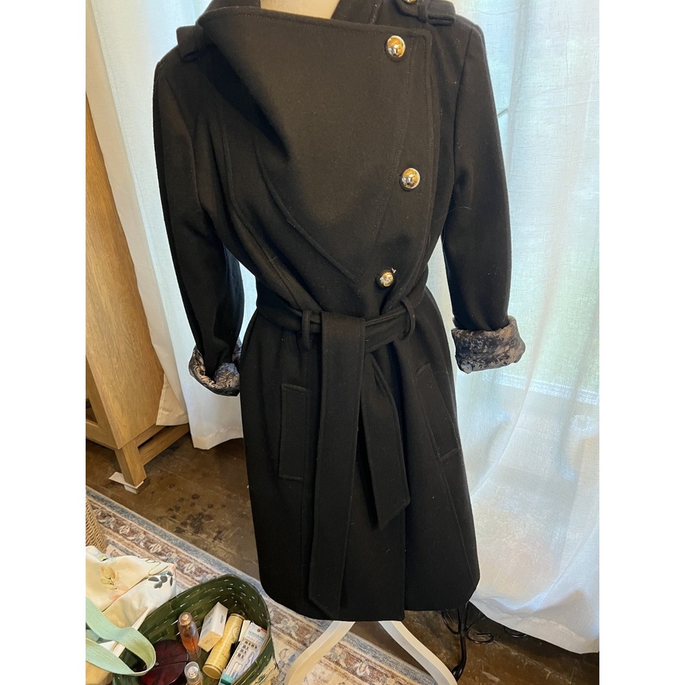 Guess Black Wool Trench Coat With Belt & Gold Buttons Dark Academia